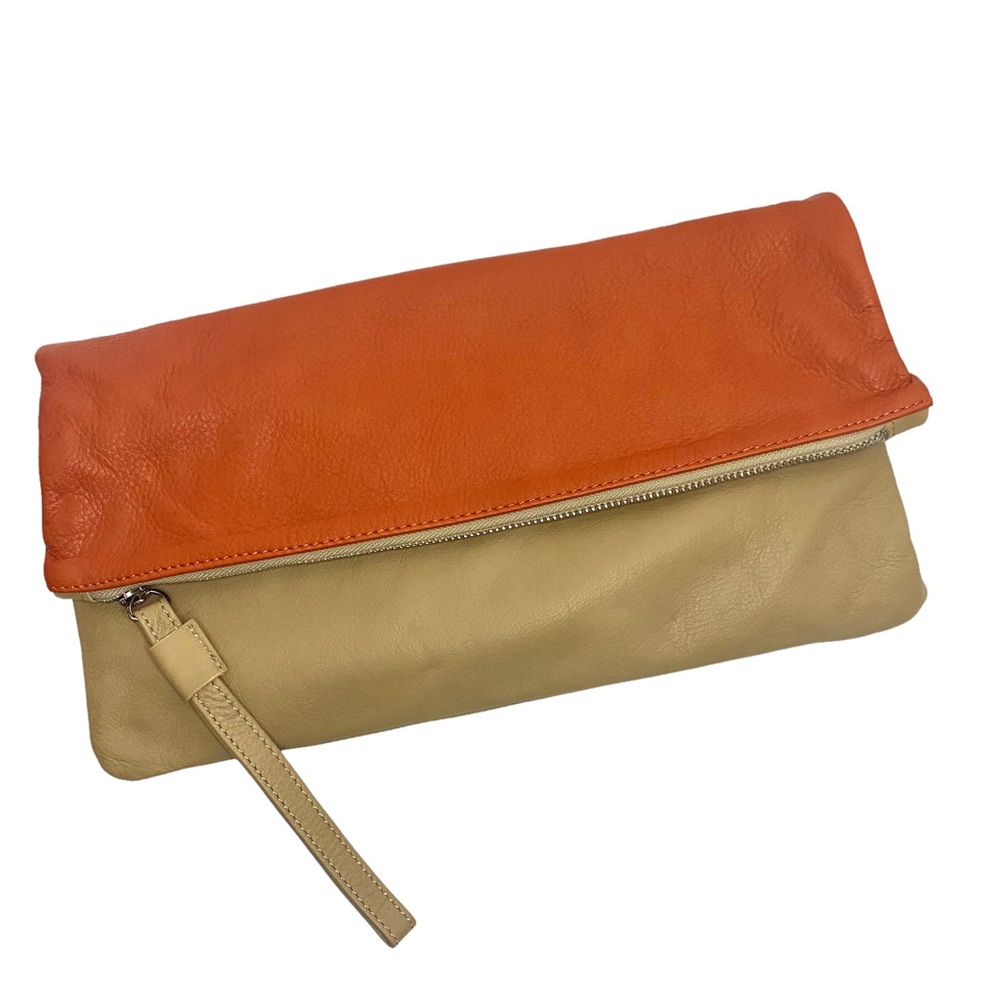 NWOT Alberta di Canio Leather Fold Over Clutch Orange/Tan